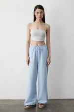 Blue Wide Leg Trousers with Elastic Waistband Blue Wide Leg Trousers with Elastic Waistband