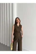 Ensemble gilet et pantalon croisé marron
