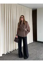 Kahverengi Vatkalı Transparan Gömlek - 5029