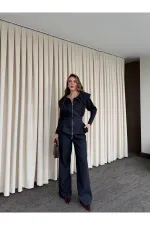 Costume en jean bleu marine de créateur - 8002