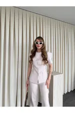 Bej Balon Kol Düğmeli Ceket Pantolon Takım - 0440