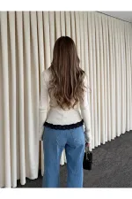 Ekru Dik Yaka Dantel Detaylı Hırka - 2726