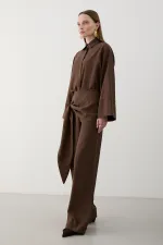 Ensemble pantalon et chemise marron avec détail à la taille - 8862