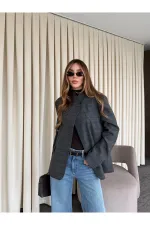 Veste à carreaux anthracite à col mandarin - 4103