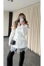 Beyaz Eteği Manşeti Dantelli Ceket - 2861