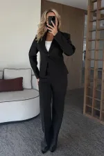 Black Jacket and Trousers Suit with Sleeve Darts and Fitted Waist - 9480