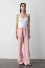 Pantalon rose en coton et lin avec taille élastique