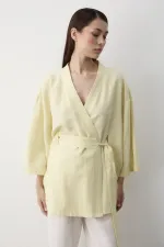 Sarı Iç Kemerli Fakir Kol Kimono - 5383