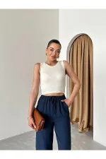 Pantalon bleu marine en coton et lin avec taille élastiquée