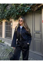 Siyah Bomber Saten Ceket Pantolon Takım - 9663 - 51229