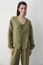 Haki %100 Pamuk Bağlamalı Bluz Pantolon Takım