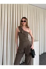 Sütlü Kahve Tek Omuz Tasarım Yaka Bluz Pantolon Takım - 8003