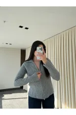 Gri Balıkçı Yaka Çift Fermuarlı Hırka - 251108