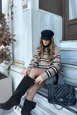 Pull en maille oversize à rayures marron - 2516