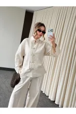 Natural Nakış Düğmeli Kimono Takım - 60624