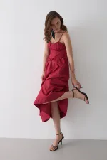 Kırmızı Bel Detaylı Poplin Elbise - 2001