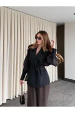 Siyah Vatkalı Transparan Gömlek - 5029