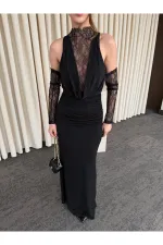 Black V-Neck Dress with Lace Gloves - 20117