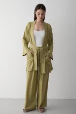 Haki %100 Pamuk Cep Detaylı Kuşaklı Kimono Takım - 8491