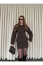 Kahverengi Düğmeli Pileli Ceket Etek Takım - 30422