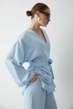 Mavi Pamuklu Kimono Bol Paça Pantolon Takım Mavi Pamuklu Kimono Bol Paça Pantolon Takım