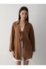 Coffee 100% Cotton Linen Kimono Blouse with Lace Detail