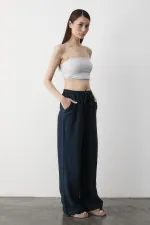 Navy Blue Wide Leg Trousers with Elastic Waistband