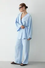 Mavi Pamuklu Kimono Bol Paça Pantolon Takım Mavi Pamuklu Kimono Bol Paça Pantolon Takım