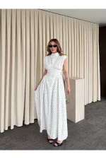 Ekru Vatkalı Puantiyeli Elbise - 2607