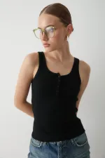 Black Front Buttoned Tank Top - 251001