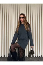 Antrasit Tül Detaylı Uzun Triko Elbise - 251009