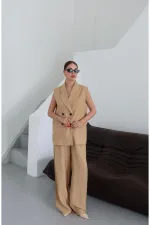 Mustard Black Button-Down Vest and Trousers Set Mustard Black Button-Down Vest and Trousers Set