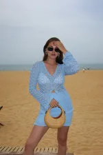 Ensemble cardigan et jupe à boutons en perles bleues - 7221