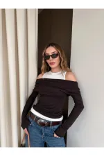 Brown and White Boat Neck Blouse with Tank Top - 0780 Brown and White Boat Neck Blouse with Tank Top - 0780