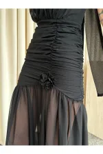 Siyah Gül Detaylı Şifon Elbise - 2485