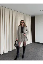 Beige Gingham Jacket and Skirt Set - 4093