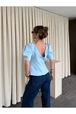 Mavi Kolu İnci Fiyonk Detaylı Bluz - 5001