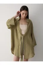 Haki Flam Keten Kimono Gömlek