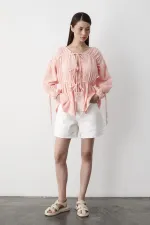 Pink 100% Cotton Muslin Shirt with Elasticated Sleeves Pink 100% Cotton Muslin Shirt with Elasticated Sleeves
