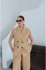 Mustard Black Button-Down Vest and Trousers Set Mustard Black Button-Down Vest and Trousers Set