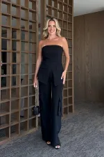 Black Strapless Blouse and Cargo Pants Set - 1414