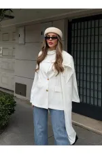 Beyaz Gold Düğmeli Şallı Ceket - 9721