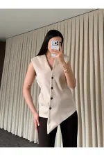 Bej Venedik Çapraz Düğmeli Yelek