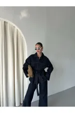 Navy Blue Tie-Up Denim Jacket and Pants Set