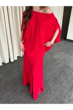 Kırmızı Omuz Drapeli Saten Bluz Etek Takım - 8005