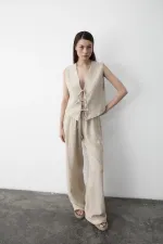 Ensemble 3 pièces en mousseline naturelle avec gilet