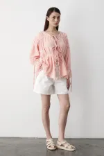 Pink 100% Cotton Muslin Shirt with Elasticated Sleeves Pink 100% Cotton Muslin Shirt with Elasticated Sleeves