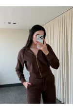 Kahverengi %100 Pamuk Kapüşonlu Fitilli Takım - 51232