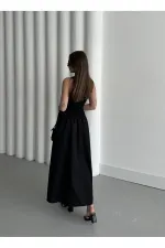 Siyah Sıfır Kol Pileli Elbise