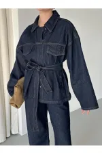 Navy Blue Tie-Up Denim Jacket and Pants Set